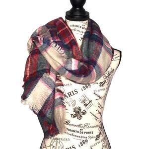 Large Plaid Multi-Color Fringed Blanket Scarf